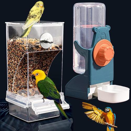 Color Blue Kenond No Mess Bird Feeder Water Dispenser Set, Automatic Parrot Feeder Cage Accessories, Clear Parakeet Seed Container Food Drinker for Cage, Cockatiel Finch Lovebirds Budgies Canary (Blue)