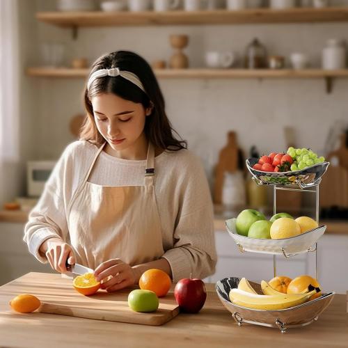 Fruit Bowl, 3 Tier Ceramic Fruit Basket, Serving Stand Serving Bowl with Metal Rack, Porcelain Kitchen Bowls for Fruit and Vegetable Storage Snack Nuts Dessert Cake Tray for Party Wedding