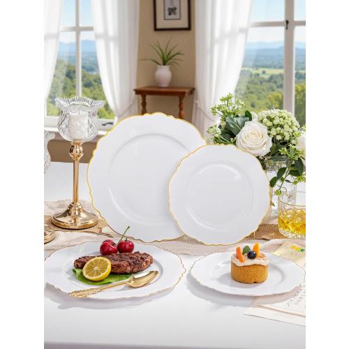WDF 60pcs Gold Plastic Dinner Plates -10.25inch Baroque White and Gold Plates Fancy Plastic Plates for Upscale Bridal Shower & Wedding & Birthday