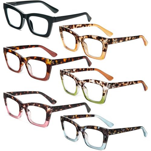 REAVEE 6 Pack Reading Glasses for Women Blue Light Blocking, Cute Square Computer Readers with Spring Hinge