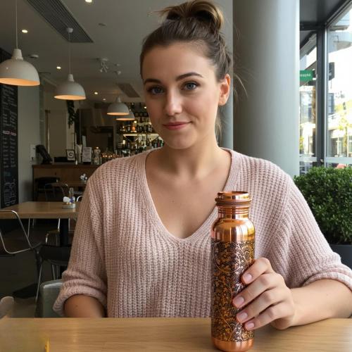 34oz Aquatic DARK EMBOSSED Ayurvedic Copper Water Bottle 34oz - Pure Copper Bottle for Sports, Fitness, Yoga - Natural Health Benefits - Made in India