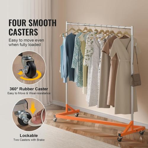 VEVOR Z Rack, Industrial Grade Z Base Garment Rack, Rolling Sturdy Steel Z Base Clothing Rack with Lockable Casters, for Home Clothing Store Display Orange (3 Sets)