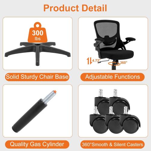 Office Chair, Ergonomic Computer Desk Chair with Adjustable Lumbar Support Comfy Breathable Mesh Chair with Flip-up Arms, Mid Back Swivel Executive Task Chair for Home Office 300lbs, Black