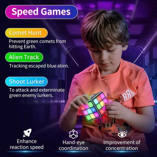 Rechargeable Puzzle Cube with Games - 15-in-1 Fun Brain Memory & Speed Games for Kids Teens - Christmas Easter Birthday Gifts for Boys Girls Ages 6-12  Years Old with Score Screen (Black)