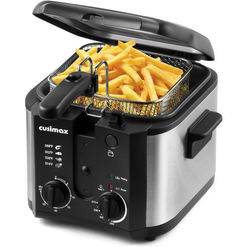 CUSIMAX Electric Deep Fryer for Home Use, 2.5 Liter 1500W Small Deep Fryer with Basket, Adjustable Temperature & Time, Lid with View Window and Odor Free Filter