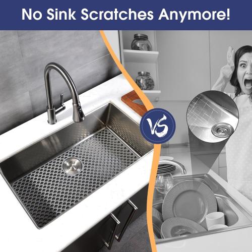 Silicone Sink Protector - 28x15 Rear Drain Hole, Heat Resistant Non-slip Dishwasher Suitable, Large Sink Mat for Farmhouse Kitchen