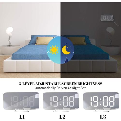Digital Alarm Clock, Mirror LED Desk Clock with Large Display, White