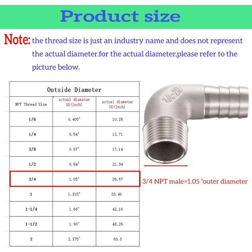 3/4 Hose Barb x 3/4 Male NPT 304 Stainless Steel 90 Degree Elbow- Home Brew Pipe Fitting，lead-free，2 pcs