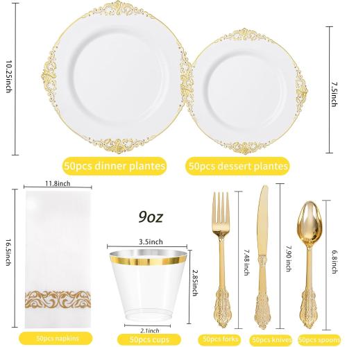 Hioasis 350pcs White and Gold Plastic Plates - Elegant Disposable Dinnerware Set Include 10.25 Dinner & 7.5 Dessert Plates, Knives, Forks, Spoons, Napkins, Cups for Party & Thanksgiving