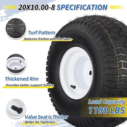 20x10.00-8 Lawn Mower Tire and Wheel, 4 Ply Tubeless Tire, Replacement 20x10-8nhs Riding Lawn Mower and Tractor Rear Tire and Wheel Assemblies, 3.5 Offset Hub, 3/4 Borehole, and 3/16 Keyway