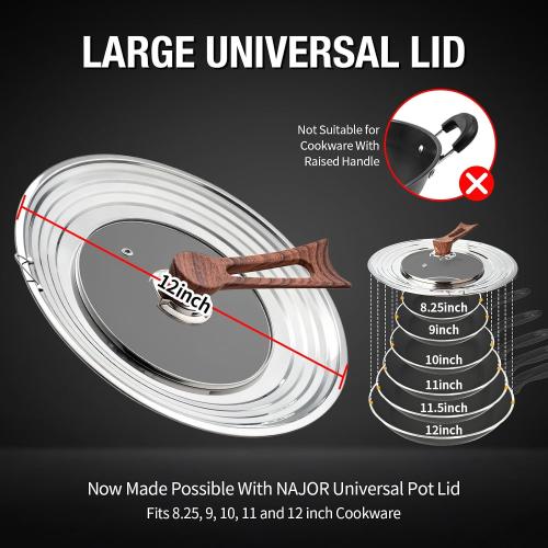 Najor Universal Lid for Pots, Pans and Skillets, Pot Lid With Wooden Standable Handle And Tempered Glass, Fits 8.25, 9, 10, 11, 12 Diameter Pots and Pans