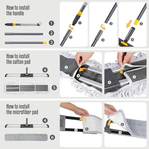 36 Inch Commercial Industrial Floor Mop, Long Handle, Washable Cotton and 2 Microfiber Mop Pads, Heavy Duty Wet and Dry for Hardwood, Tiles, Laminate