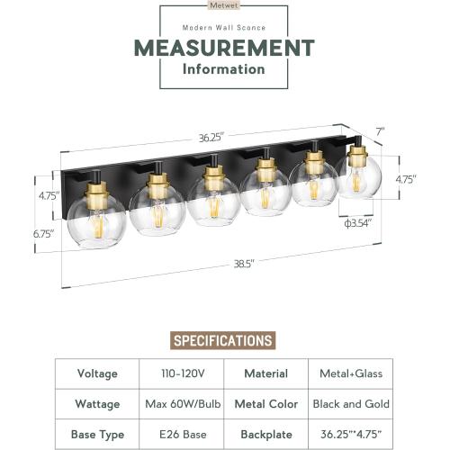 Bathroom Light Fixtures, 6-Light Black and Gold Bathroom Vanity Light, 38 Inch Modern Wall Sconces with Globe Clear Glass Shade, Vanity Lighting Fixtures Over Mirror, VL195-KG-6