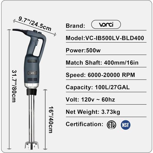 VONCI 500W Commercial Immersion Blender, 16 SUS 304 Removable Shaft, Heavy Duty Power Hand Mixer with Variable Speed 6000-20000RPM, Professional Electric Stick Blender for Restaurant Kitchen Use.