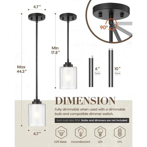 TENGXIN Modern Pendant Light, Matte Black Pendant Lights Kitchen Island,Farmhouse Pendant Lighting for Dining Room Bedroom Bar Office,TXPLBK02