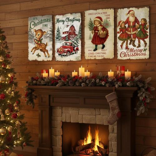 4 Pcs Vintage Christmas Wall Sign Metal Red Truck Little Girl Plaque Sign Decorations Santa Claus Elk Wall Art for Home Coffee Shop Retro Christmas Decor, 8 x 12 Inch