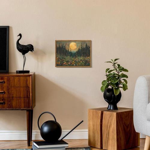 Vintage Forest Moon Wall Art, Nature Pine Tree Woodland Wall Decor Paintings, Dark Cottagecore Landscape 3D Textured Hand Drawn Sandstone Artwork for Bedroom Living Room 16x24 inch Wood Framed