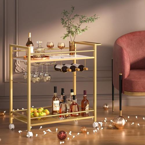 Bar Cart,Home Bar Serving Cart with Storage Shelves, 2 Tier Rolling Beverage Cart with Wheels, Modern Wine Cart with Wine Rack and Glass Holder for Kitchen, Living Room,Dinning Room,Gold