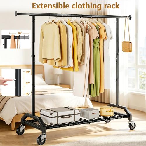 Wiracks Heavy Duty Clothes Rack for Hanging Clothes 350lbs Clothing Rack 3 industrial Wheels 51 to 71 W x 16.53 D x 65 to 71 H Adjustable Rolling Clothes Rack Coat Rack Garment Rack Black