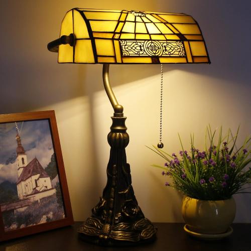 Tiffany Banker Lamp Small Stained Glass Table Lamp Tiffany Style Piano Light Yellow Mission Style Desk Lamp Angle Adjustable 10.6X15.7 Inch for Home Office Living Room Bedroom