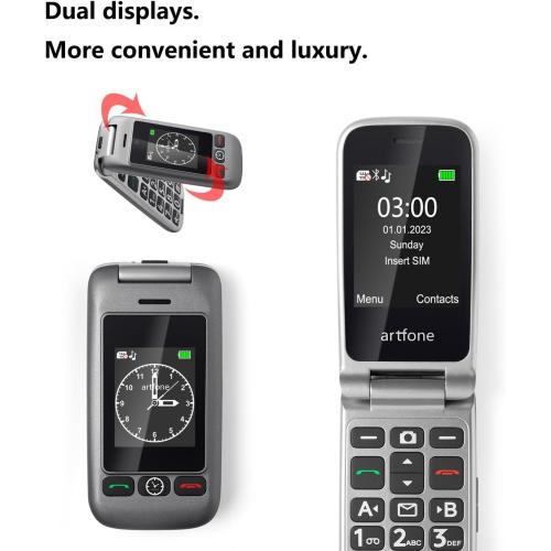 artfone G6 4G Flip Phone for Seniors⼁2.4 Dual-LCD⼁Big Button Cell Phone with SOS⼁Time Report⼁Speed Dial⼁Large Fonts⼁ 1300mAh Battery⼁USB-C Charging Dock– Grey