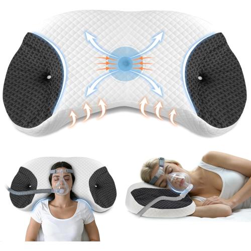 CPAP Pillow for Side & Back Sleepers - Mask Compatible Contour Design to Reduce Leaks, Breathable Memory Foam Pillow with Ergonomic Support & Hose-Friendly Cutouts for Comfortable Sleep, Black