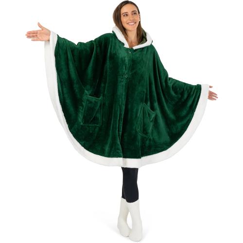 PAVILIA Sherpa Fleece Wearable Blanket for Adult Women, Cozy Plush Blanket Poncho Cape with Hood, Super Soft Shawl, Angel Wrap Throw for Office, Emerald Green