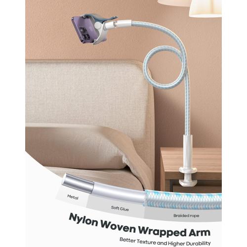 Lamicall Gooseneck Phone Holder Bed - [Nylon Braided] Flexible Arm, Overall Length 38inch, 360 Adjustable Clamp Clip, Overhead Cell Phone Mount Stand for Bed, Blue White