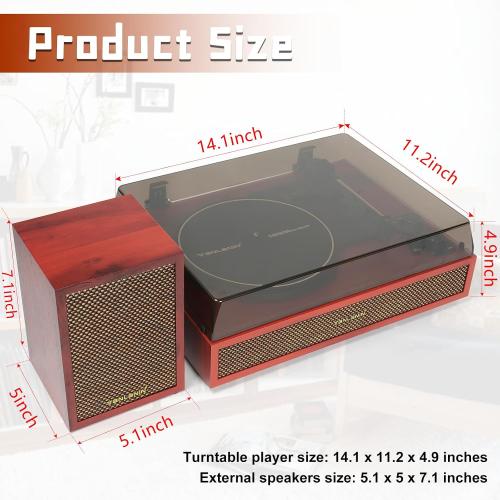 Vinyl Record Player with Dual External Speakers, 3 Speed Vintage Stereo Turntable for Vinyl Records, Bluetooth Input, Auto Stop & Belt Driven System, RCA Out and Aux in