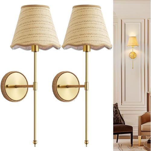 Natural Rattan Wall Sconces Set of 2, Boho Hand-Woven Wall Mounted Light Fixture Decor with Rattan Lampshade Sconces for Home Bedroom Living Room Hallway Kitchen Stairs(Gold)