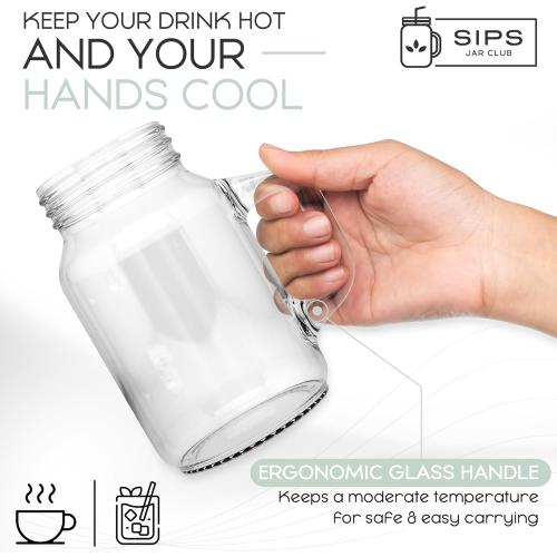 20oz Mason Jar Mug Set of 4 with Handles, Lids, Straws & Cleaning Brush - Overnight Oats & Iced Coffee Cups