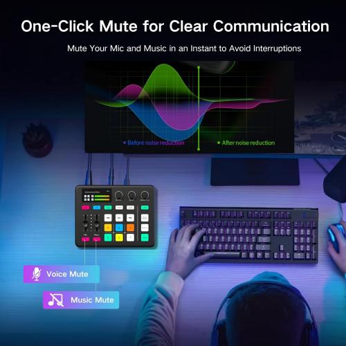 HOSONGIN Gaming Audio Mixer, Audio Interface with Pro-preamp, Voice Changer & DJ Mixer Effects, 48V Phantom Power, Bluetooth & RGB Live Sound Card for Streaming, Podcasting, Gaming