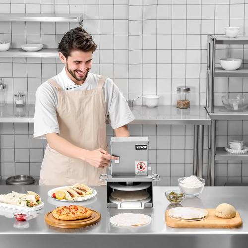 VEVOR Electric Pizza Dough Press Machine, 6 Inch Pizza Pastry Press Plate, Stainless Steel Bread Presser, Commercial Forming Machine with Adjustable Thickness and 100 Sheets of Parchment Paper