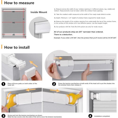 LazBlinds Cordless Cellular Shades, No Tools No Drill Light Filtering Honeycomb Shades Pleated Blinds for Windows, 43.5'' W x 48'' H, Light Grey