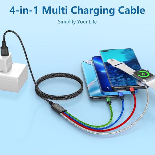 Size 4FT 2Pack Multi Charging Cable for Apple Watch Charger 4 in 1 Travel Essentials Camping Essentials USB C/L/Micro Port Compatible with iWatch Series 10-1/iPhone 16/15/Galaxy Android-4FT