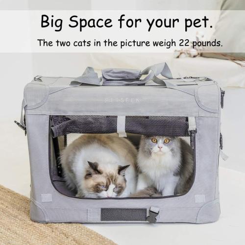 Extra Large Cat Carrier Soft Sided, Portable Small Dog Carrier for 2 Cats, 24x16.5x16 Car Travel Folding Comfortable Design with Bowl, Grey
