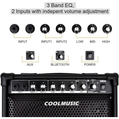 Coolmusic Drum Amplifier 30W, Wireless Electric Drum Speaker Keyboard Amp with 3-Band EQ and DI Out