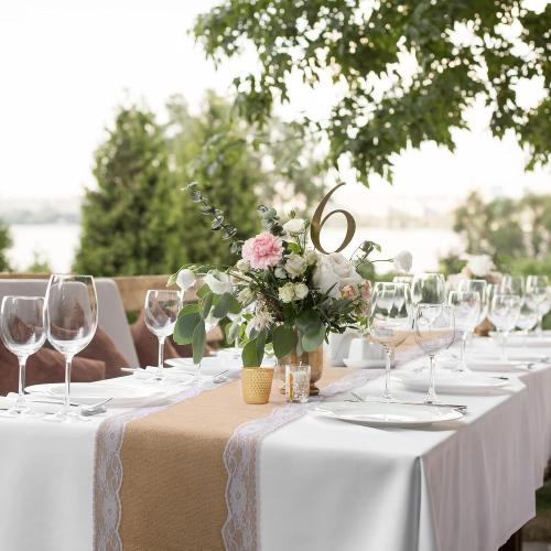 Tatuo 12 Pcs Lace Burlap Table Runner 12'' x 72'' Rustic Jute Hessian Farmhouse Country Vintage Romantic Fabric Cloth for Wedding Birthday Thanksgiving Party(Lovely)