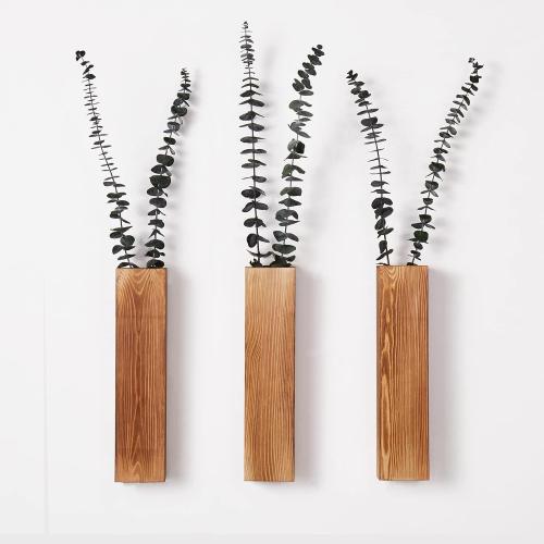 3-Pack Decorative Wood Wall Planters for Artificial Plant, Dried Flower Stems, 12 Slim Wood Wall Vases for Living Room, Bedroom, Bathroom, Apartment Decor