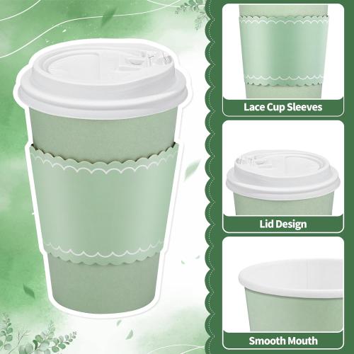 60 Pack Sage Green Coffee Cups with Lids Sleeves, 12oz Insulated To Go Paper Cups Sage Green Party Cups Disposable Paper Cups, Drinking Cups for Wedding Birthday Baby Shower Party Supplies