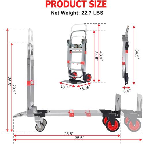 Upgraded 3 in 1 Aluminum Folding Hand Truck, 600lbs Capacity, Heavy Duty Convertible Dolly with Retractable Handle and 4 Rubber Wheels, Collapsible Cart for Moving Home, Office, Warehouse (Red)