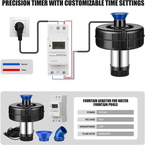 Pond Fountain Aerator, 15000 GPH Fountain Pump with Timer, 110V/60Hz 750W Waterfall Pump with 2 Spray Patterns, Energy-Efficient Water Circulation for Ponds & Lakes with 120FT Power Cord (Blue Black)