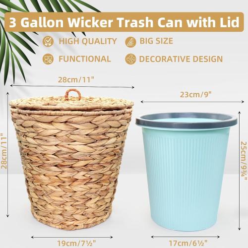 4 Gallons Wicker Waste Basket Can with Lid & Liner, Handwoven Wastebasket Wastepaper Basket with 60Pcs Bag, Wicker Trash Garbage Rubbish Can Bin Basket for Bedroom Bathroom Office Kitchen
