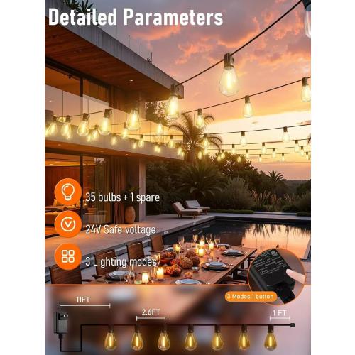 luckystyle 100FT LED Outdoor String Lights with Remote, 35  1 Shatterproof Bulbs Waterproof and Dimmable Patio Lights for Porch, Garden, Backyard, Deck, Balcony, 2700K Hanging Lighting