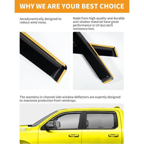 in-Channel Window Rain Guards Fit for Dodge RAM 1500 Crew Cab (New Body Style Includes TRX) 2019-2026 Rain Guard Extra Durable Window Deflectors Vent Visors Vent Shades Truck Accessories