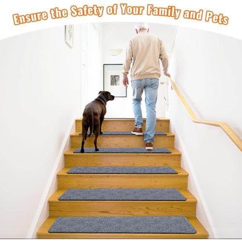 Stair Treads Non-Slip for Wooden Steps, 15Pack - 8 x 30 Edging Stair Runner Indoor for Kids Elders & Pets, Washable Carpet Stair Treads with Peel & Stick Reusable TPE Backing, Grey