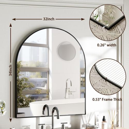 Arched Bathroom Mirror, 32x34 Inch - Wall Mounted Vanity Mirror with Aluminum Alloy Frame - Ideal for Living Room, Bedroom, Bathroom, and Entryway, Hanging or Leaning, Black