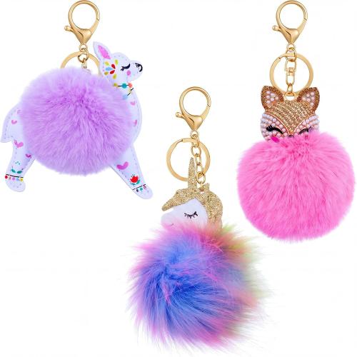 3 Pieces Animal Pom Pom Keychain Cute Fluffy Key Ring Unicorn Keychain for Women Bag Accessories