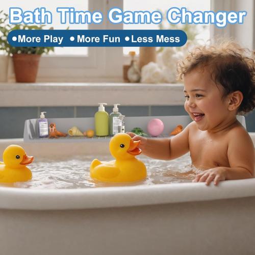 Longer Bathtub Splash Guard for Tub Kids, Bathtub Water Guards Play Shelf for Bathing, Toy Tray Caddy Holder for Tub, Silicone Tub Splash Guard Prevent Water Spills in Bathroom (2.6FT, Grey)