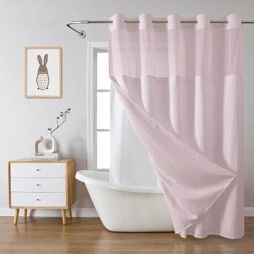 BlushPink Long No Hook Waffle Weave Shower Curtain with snap-in Liner Replacement, 230GSM Waterproof Fabric Hotel Shower Curtain Set for Bathroom, Through Mesh Top Window,71Wx80H